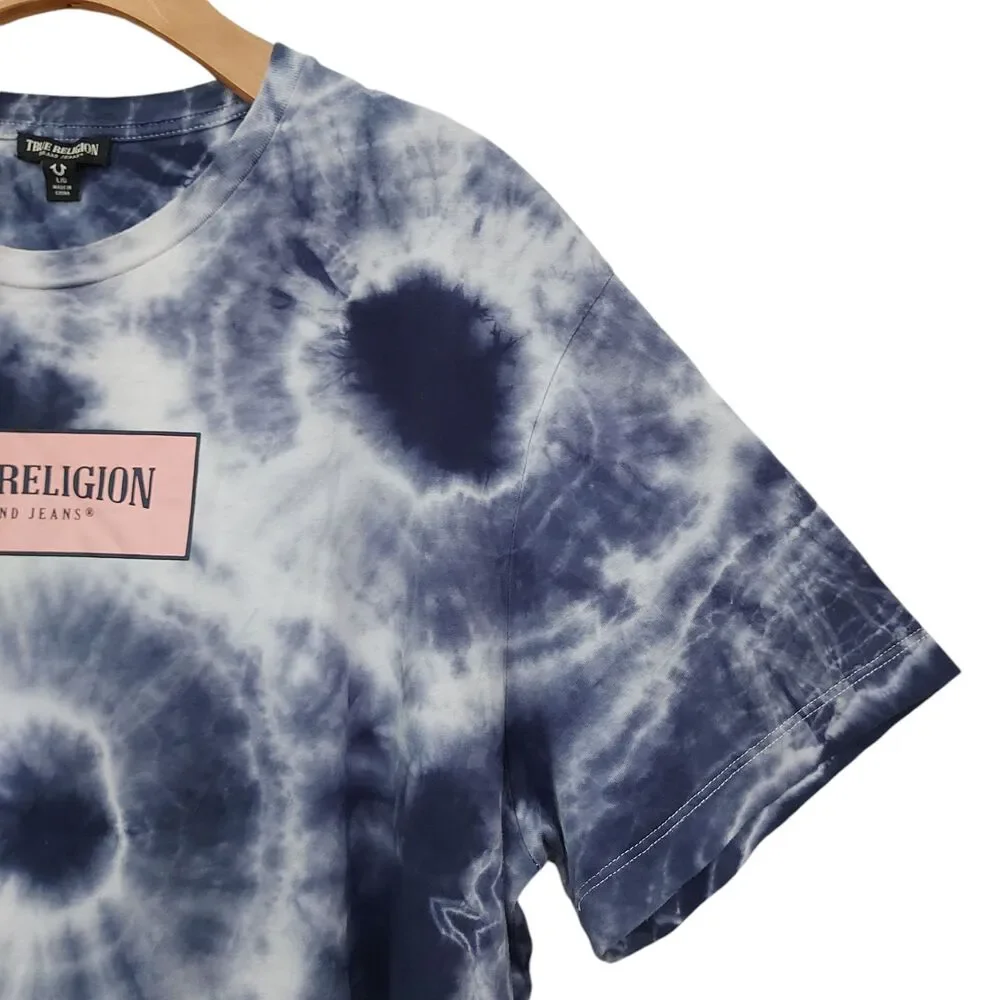 True Religion Mens Large Blue Tie Dye T-Shirt Relaxed Fit Short Sleeve Cotton